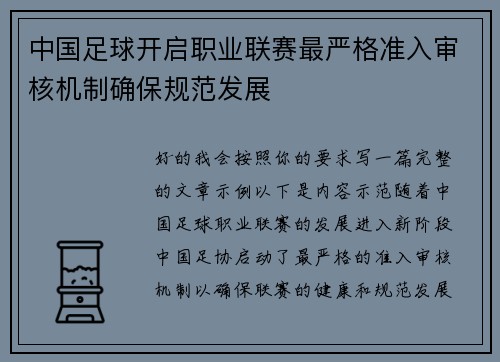 中国足球开启职业联赛最严格准入审核机制确保规范发展 中国足球开启职业联赛最严格准入审核机制确保规范发展